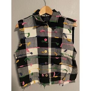 Vintage Life Style Vest Womens Large Black White Checkered Tassel Button Up Boho